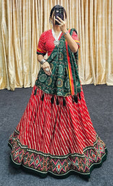 Leheriya Print Tussar Silk Lehenga Choli with Patola Border & Bandhani Dupatta